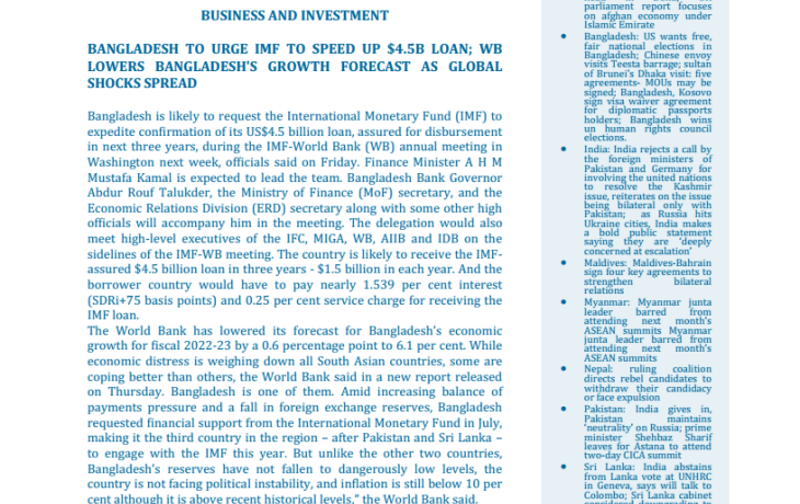 BEI Weekly News Highlights Brief Highlights on Current Issues of South Asia, October 06, 2022-October 12, 2022