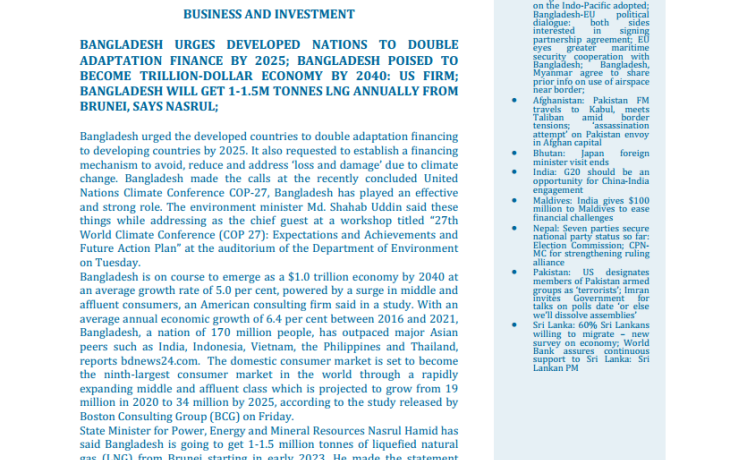 BEI Weekly News Highlights Brief Highlights on Current Issues of South Asia, November 24, 2022-November 30, 2022