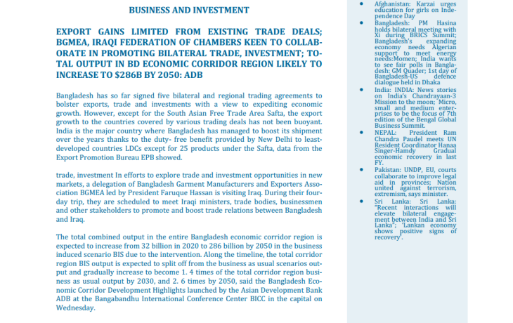 BEI Weekly News Highlights Brief Highlights on Current Issues of South Asia, August 17, 2023-August 24, 2023