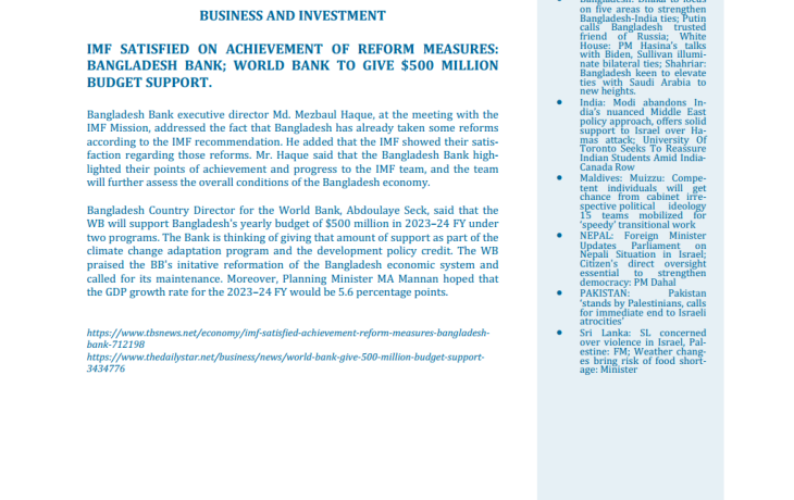 BEI Weekly News Highlights Brief Highlights on Current Issues of South Asia, October 04, 2023-October 09, 2023