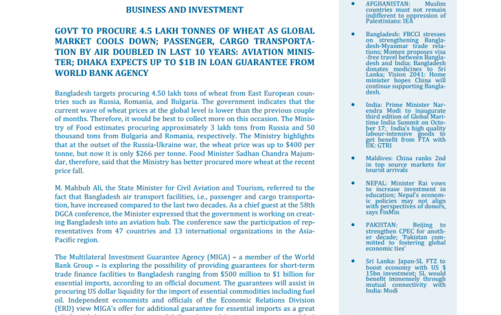 BEI Weekly News Highlights Brief Highlights on Current Issues of South Asia, October 09, 2023-October 17, 2023
