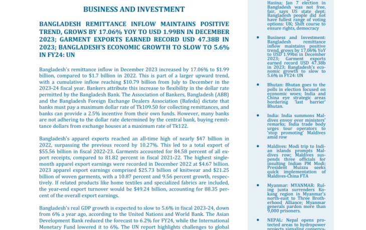 BEI Weekly News Highlights Brief Highlights on Current Issues of South Asia, 01-08 January 2024