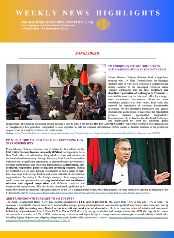 BEI Weekly News Highlights - Brief Highlights on Current Issues in South Asia, 18-24 September 2026