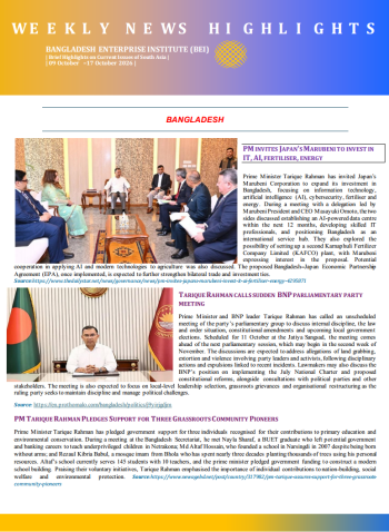 BEI Weekly News Highlights - Brief Highlights on Current Issues in South Asia, 9-17 October 2026